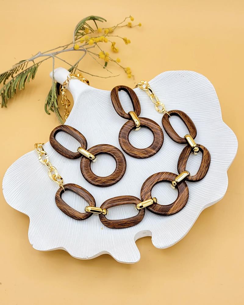 Ahşap Geometrik Kolye Küpe Set