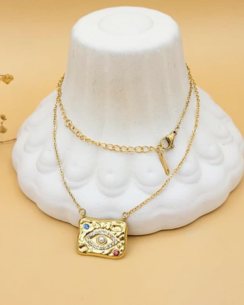 Astraya Sembol Çelik Gold İncili Dikdörtgen Kolye