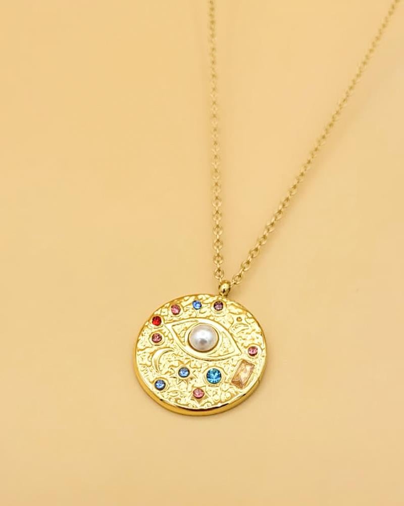 Astraya Sembol Çelik Gold İncili Yuvarlak Kolye