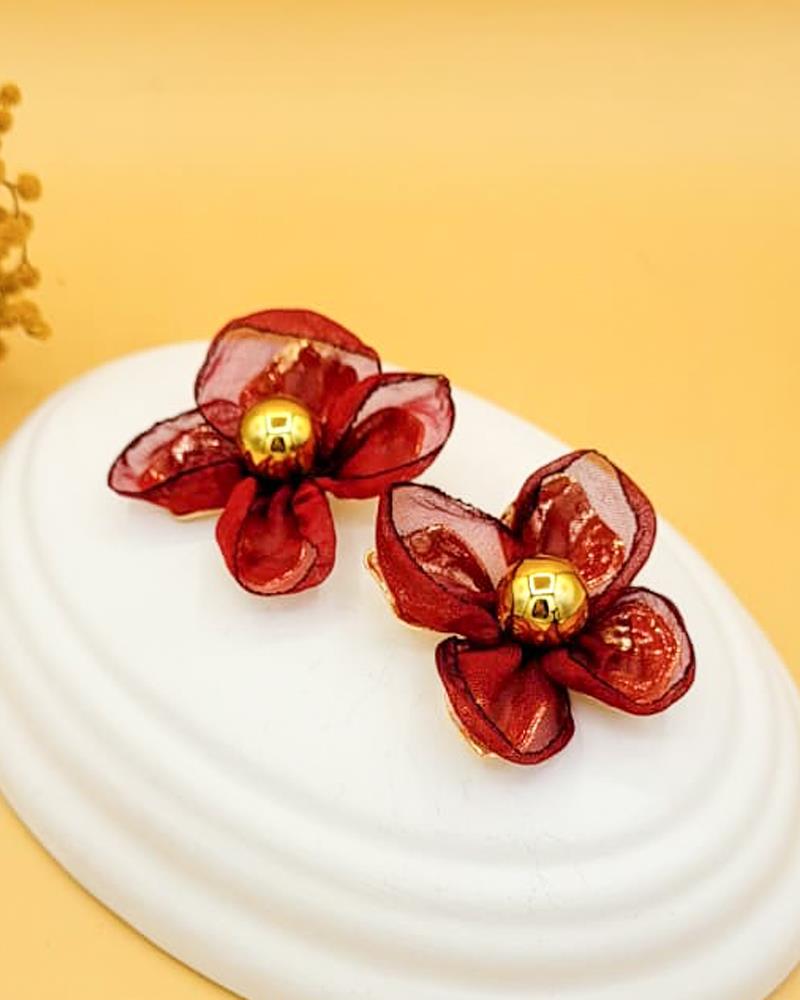 Bordo Tül Detaylı Çiçek Gold Küpe