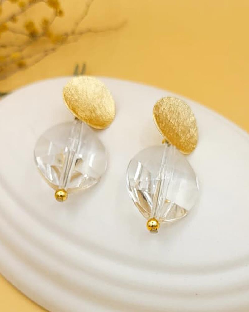 Gold Diskli Şeffaf Kristal Elips Küpe