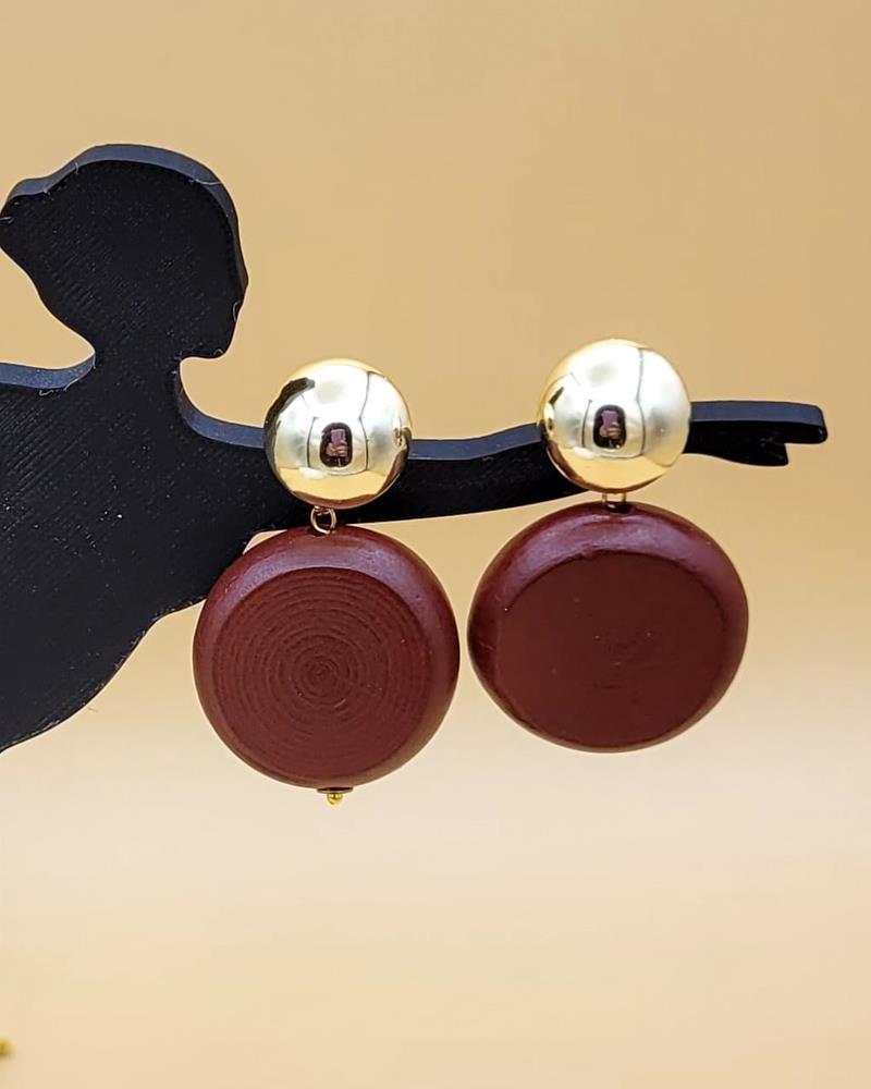 Gold Uçlu Ahşap Disk Küpe