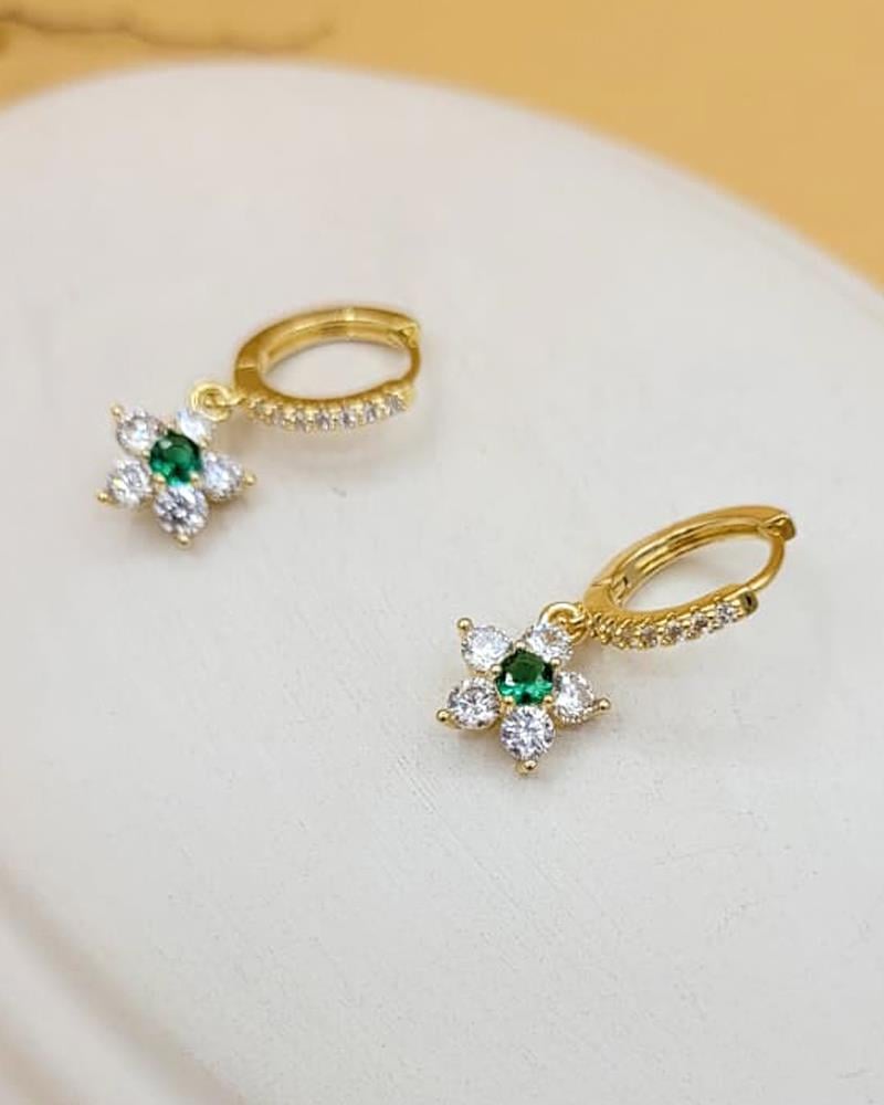 Gold Zirkon Taşlı Minimal Çiçek Yeşil Küpe