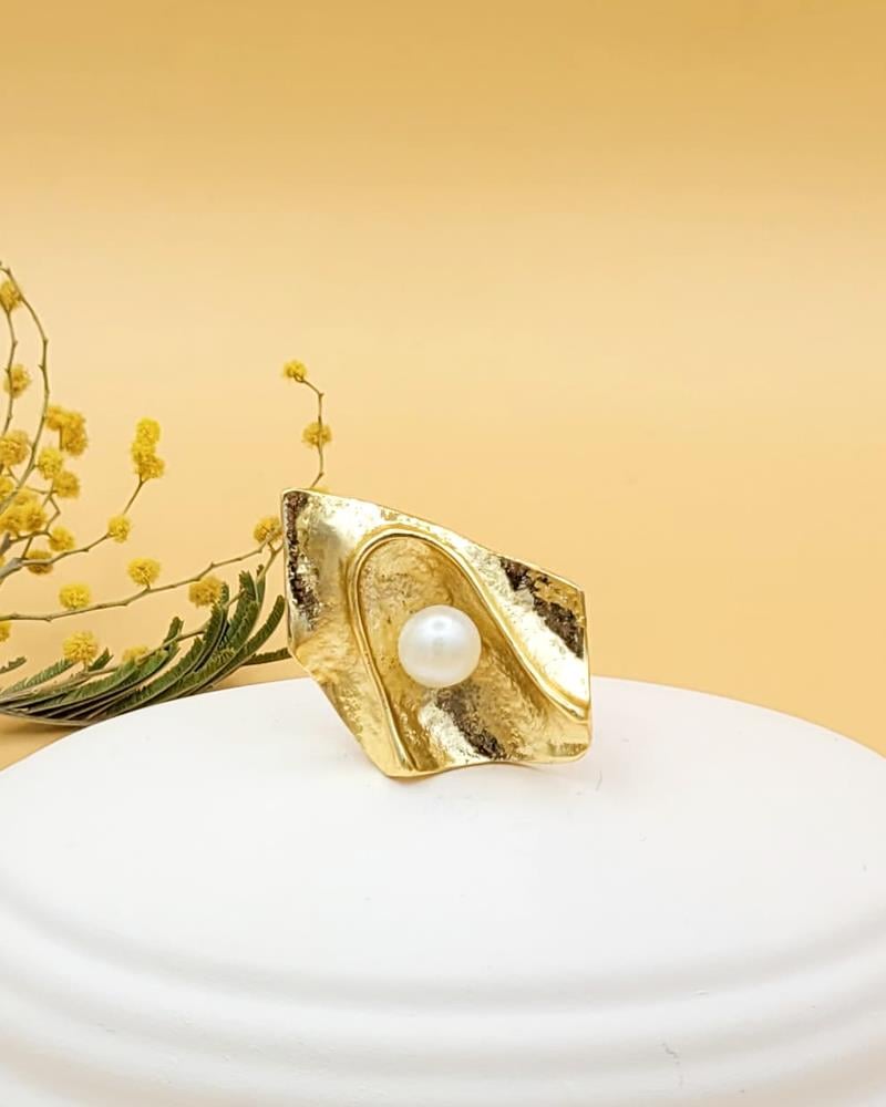 İncili Su Dalgası Ayarlanabilir Gold Yüzük