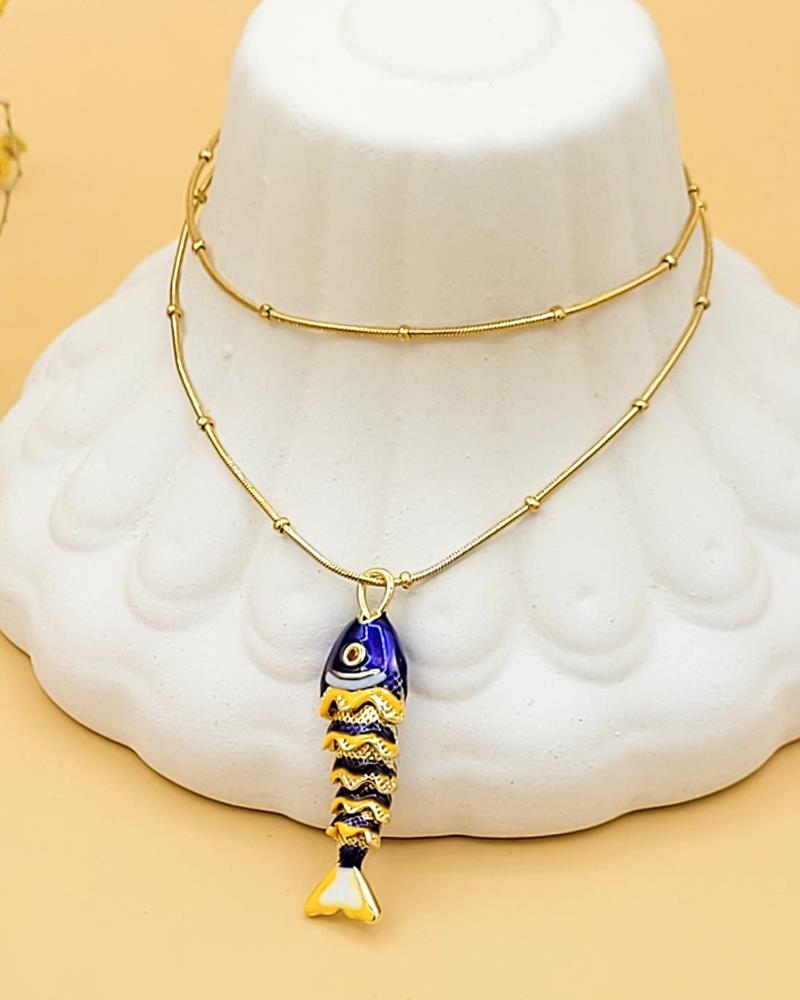 Lacivert Gold Balık Şans Kolye