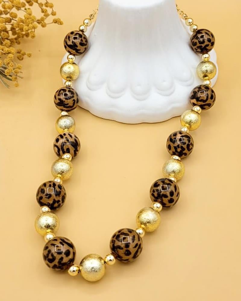 Leopar Boncuklu Gold Kolye