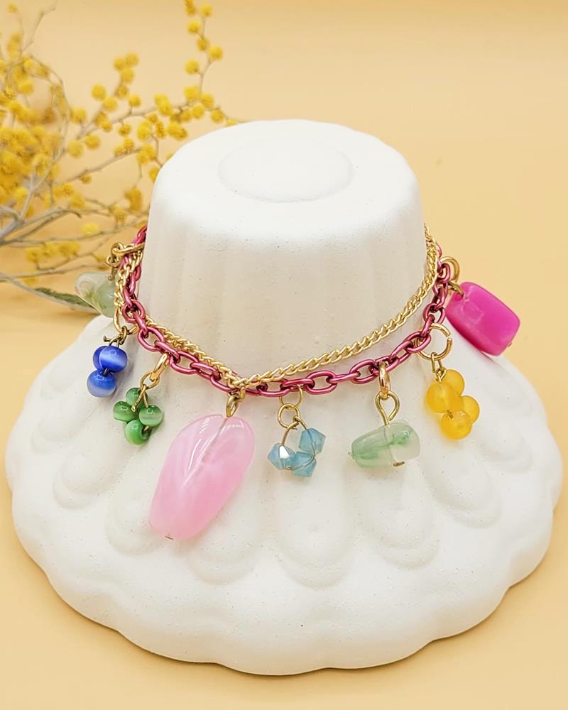 Luno Renkli Charm Akrilik Boncuklu Pembe El Yapımı Bileklik