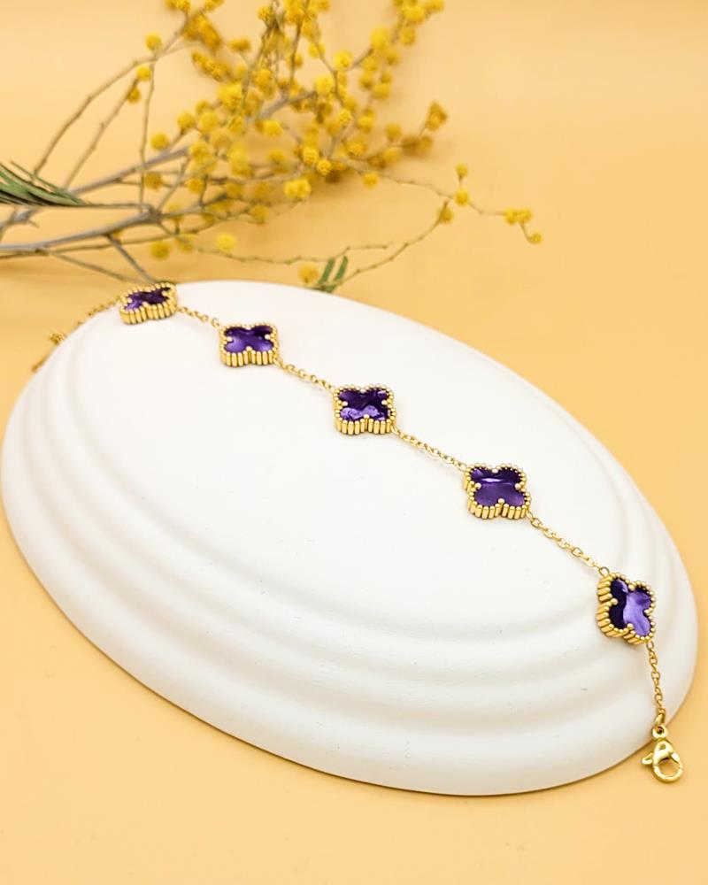 Mor Sedef Taşlı Gold Yonca Bileklik