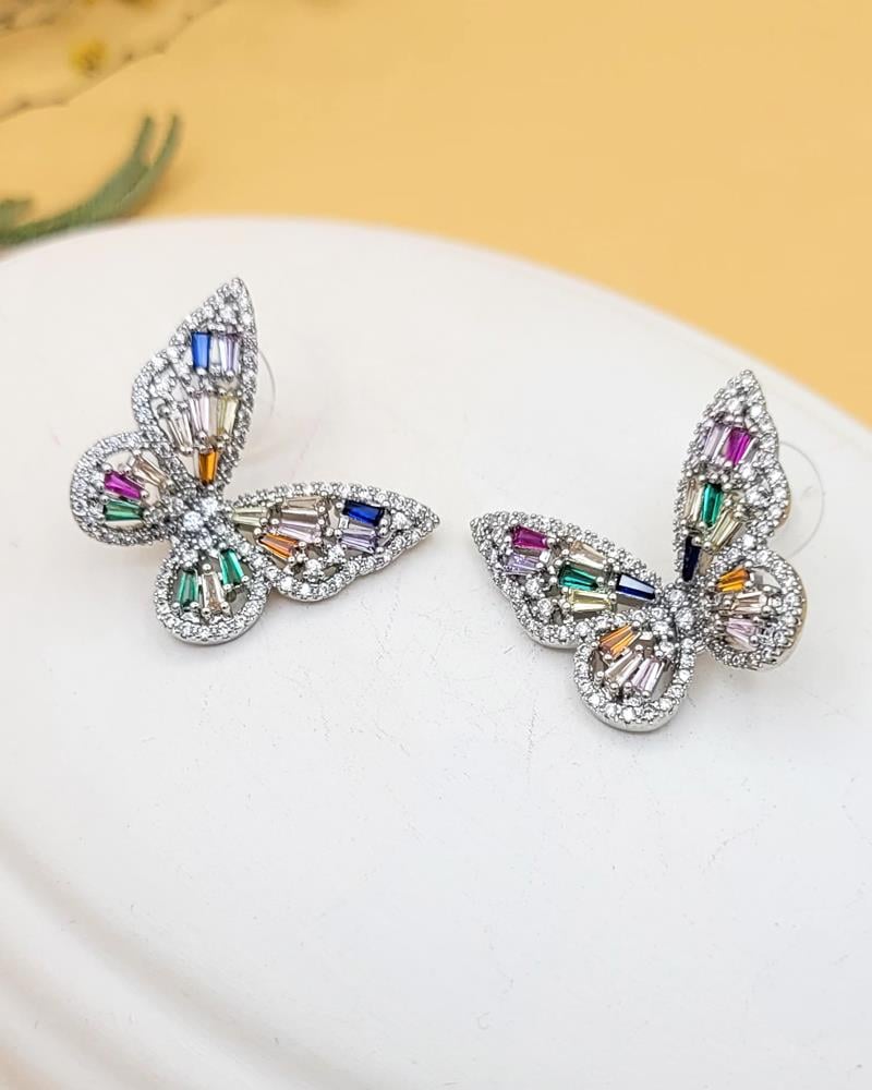 Pırıltılı Renkli Taşlı Silver Kelebek Küpe