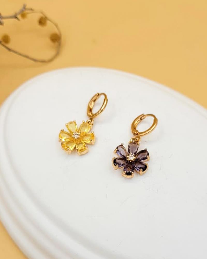 Sarı Mor Kristal Çiçek Küpe