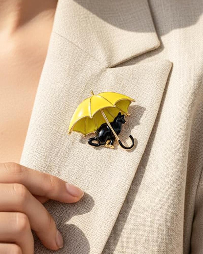 Sarı Şemsiyeli Siyah Kedi Broş