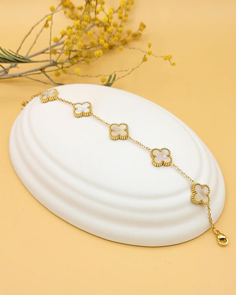 Sedef Hologram Taşlı Gold Yonca Bileklik