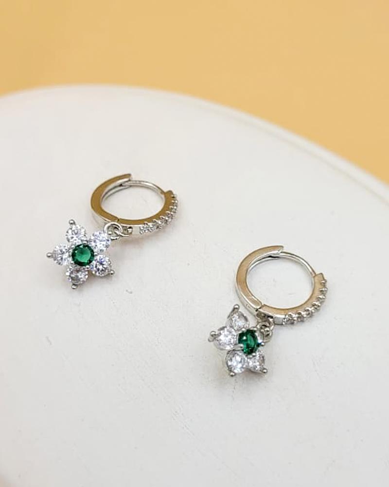 Silver Zirkon Taşlı Minimal Çiçek Yeşil Küpe