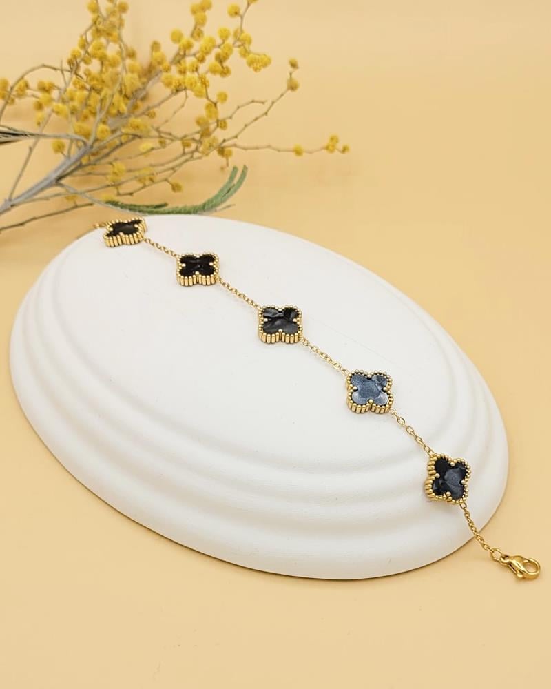 Siyah Hologram Gold Çift Taraflı Yonca Bileklik