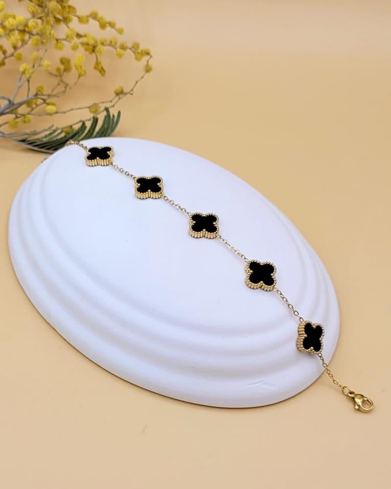 Siyah Taşlı Gold Yonca Bileklik