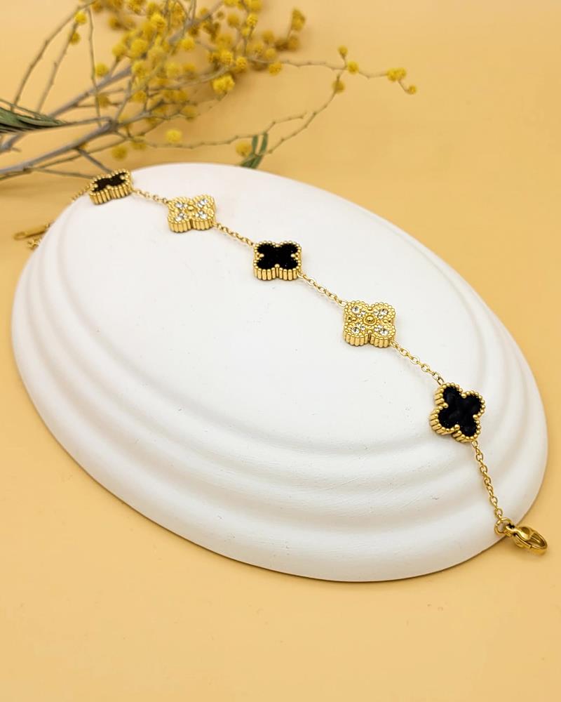 Siyah Zirkon Taşlı Gold Yonca Bileklik