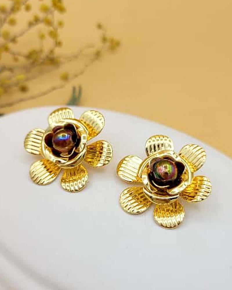 Taşlı Çiçek Gold Küpe