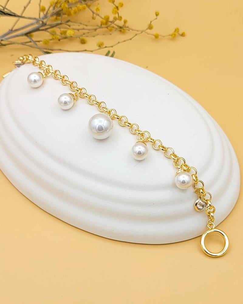Zirkon Taş Detaylı İnci Tanesi Gold Bileklik