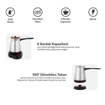 Crown CRW-7104 600W 6 Fincan Elektrikli Türk Kahve Makinesi Paslanmaz Çelik Inox Cezve AC220V