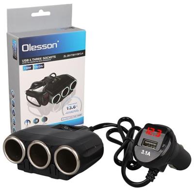 Olesson 1634 12-24V Tek USB Girişli 120W 80cm Kablolu Dijital Voltaj Ekranlı 3lü Araç Çakmak Çoklayıcı
