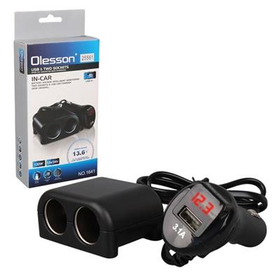 Olesson 1641 12-24V Tek USB Girişli 120W 80cm Kablolu Dijital Voltaj Ekranlı 2li Araç Çakmak Çoklayıcı