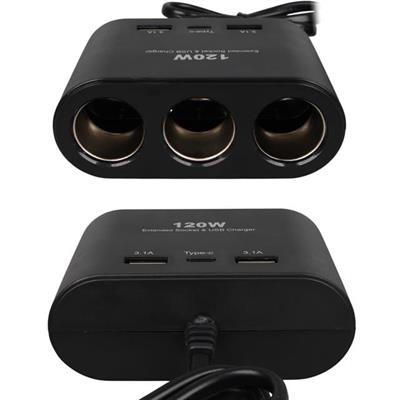 Olesson 1653 12-24V Çift USB + TYPE-C Girişli 100W 70cm Kablolu 3lü Araç Çakmak Çoklayıcı