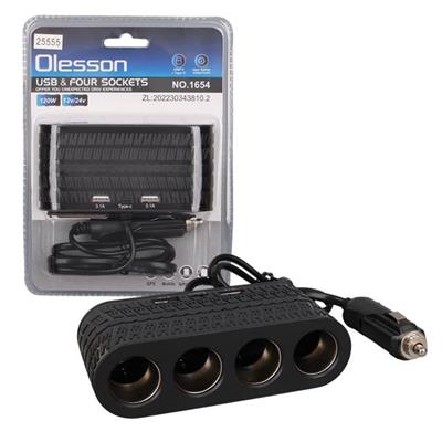 Olesson 1654 12-24V Çift USB - TYPE-C 120W 80cm Kablolu 4LÜ Araç Çakmak Çoklayıcı