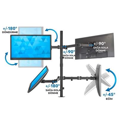 PowerMaster PM-054 13-27 Dörtlü (Quad) Mekanik LCD-LED Gaming Monitör Tutucu Masa Stand Askı Aparatı