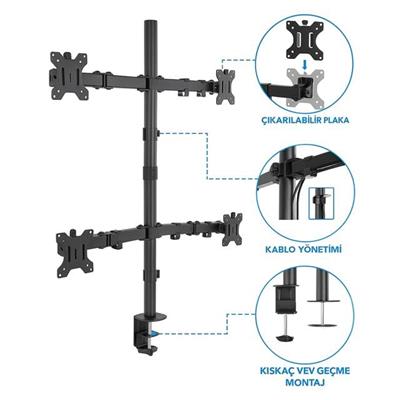 PowerMaster PM-054 13-27 Dörtlü (Quad) Mekanik LCD-LED Gaming Monitör Tutucu Masa Stand Askı Aparatı