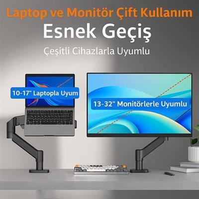 PowerMaster PM-252-J 13-32 Amortisörlü Tek Kol Gaming Monitör Ofis Laptop Notebook Tutucu Masa Stand Askı Aparatı