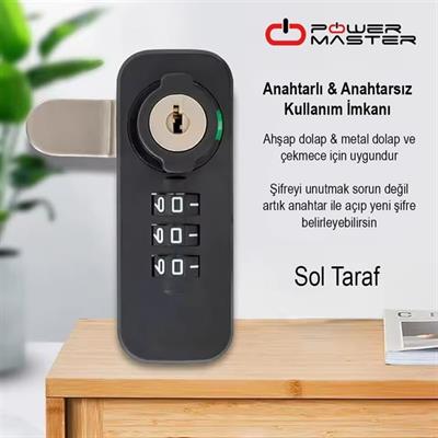 PowerMaster PM-26725 3 Haneli Şifreli Ve Anahtarlı Mekanik Siyah Çekmece Dolap Kilidi (Sol)