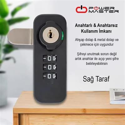 PowerMaster PM-26726 3 Haneli Şifreli Ve Anahtarlı Mekanik Siyah Çekmece Dolap Kilidi (Sağ)