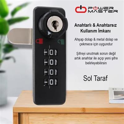 PowerMaster PM-26731 4 Haneli Şifreli Ve Anahtarlı Mekanik Siyah Çekmece Dolap Kilidi (Sol)