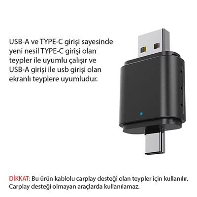 PowerMaster PM-27447 Kablosuz Carplay - Android Auto Çevirici Dönüştürücü Adaptör İki Girişli USB - TYPE-C