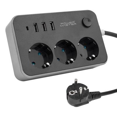 Powermaster 3 USB Çıkışlı 1.8 Metre Kablolu 3lü Akım Korumalı Priz (10A-2500 Watt) PM-17564