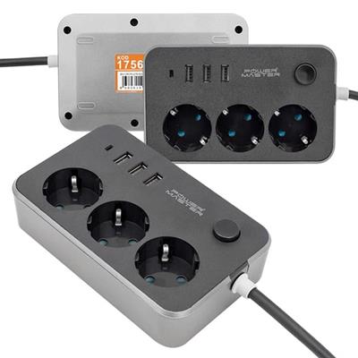 Powermaster 3 USB Çıkışlı 1.8 Metre Kablolu 3lü Akım Korumalı Priz (10A-2500 Watt) PM-17564