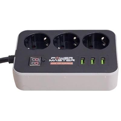 Powermaster 3 Usb Çıkışlı Dijital Ekranlı 10A-2500 W Siyah 1.8 Metre Kablolu 3lü Akım Korumalı Priz PM-18530