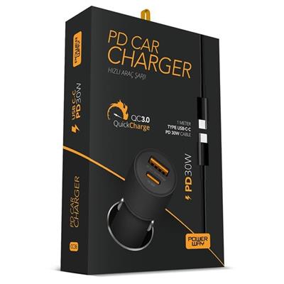 Powerway CC36 30W PD + QC 3.0 Çift Çıkışlı Metal Araç Çakmaklık Hızlı Şarj Kablolu Set