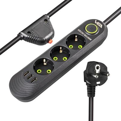 Vea VA-21557 3lü 3 USBli 1.5 Metre Akım Korumalı Priz Siyah