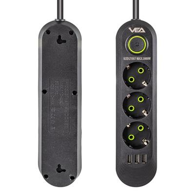 Vea VA-21557 3lü 3 USBli 1.5 Metre Akım Korumalı Priz Siyah