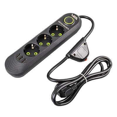 Vea VA-21557 3lü 3 USBli 1.5 Metre Akım Korumalı Priz Siyah