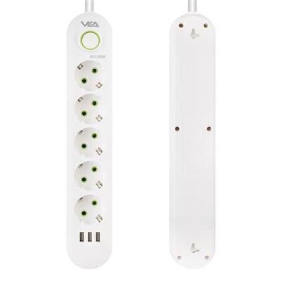 Vea VA-21562 5li 3 USBli 1.5 Metre Akım Korumalı Priz Beyaz