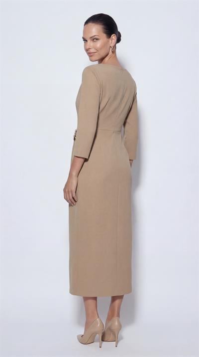 Bej-ML18039 Toka Detaylı Midi Boy Elbise