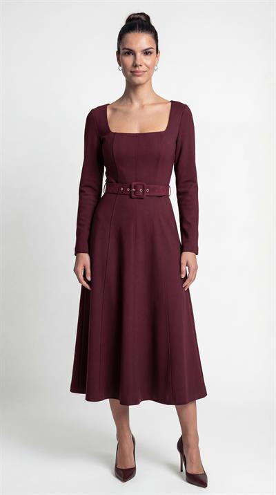 Bordo-ML18022 Kemerli Kare Yaka Midi Boy Elbise