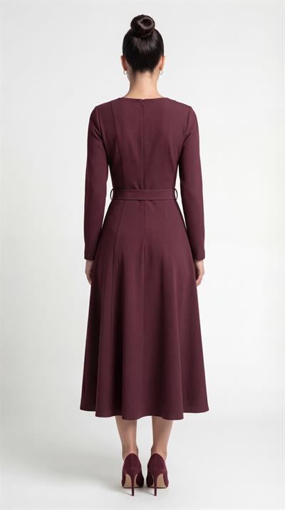Bordo-ML18022 Kemerli Kare Yaka Midi Boy Elbise