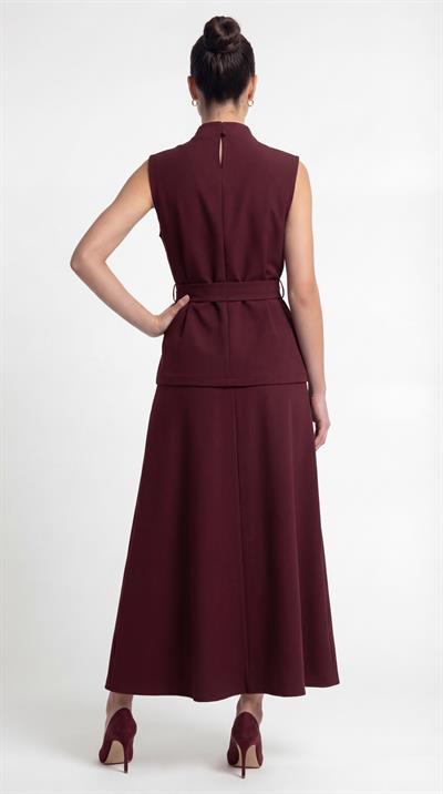 Bordo-ML28011 Kemerli Dik Yaka Bluz