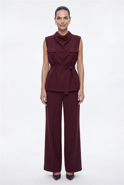 Bordo-ML28011 Kemerli Dik Yaka Bluz