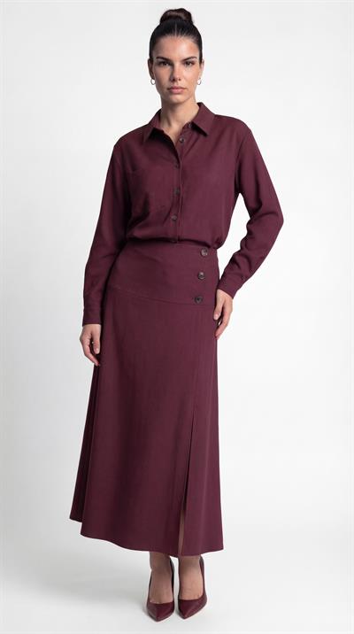 Bordo-ML38007 Düğme Detaylı Kloş Etek