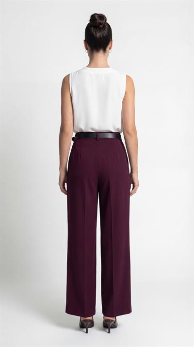 Bordo-ML48040 Kemerli Pile Detaylı Kumaş Pantolon