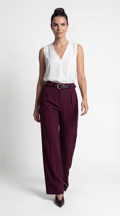 Bordo-ML48040 Kemerli Pile Detaylı Kumaş Pantolon
